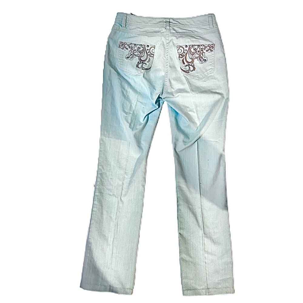 Pastel turquoise light blue women’s straight leg jeans swirl rhinestone y2k